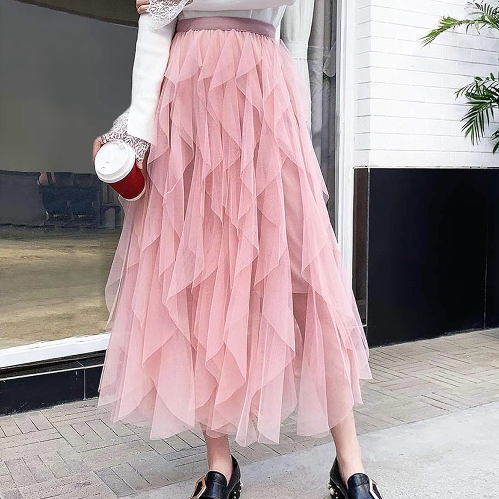 Pink Layered Tulle Midi Skirt - Women
